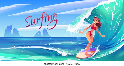 Young surf girl riding ocean wave on board, summer surfing activity, sports recreation, sea leisure hobby. Excited smiling woman in bikini having outdoors fun and adventure Cartoon vector illustration
