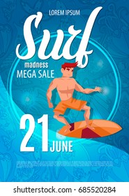 Young surf guy with surfboard riding a wave . Shopping on summer sale. Vector background illustration. Poster or banner for advertising promotions and sales.