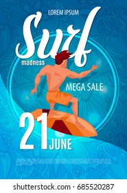 Young surf guy with surfboard riding a wave . Shopping on summer sale. Vector background illustration. Poster or banner for advertising promotions and sales.