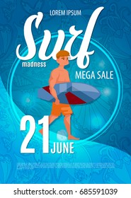 Young surf guy with surfboard riding a wave . Shopping on summer sale. Vector background illustration. Poster or banner for advertising promotions and sales.