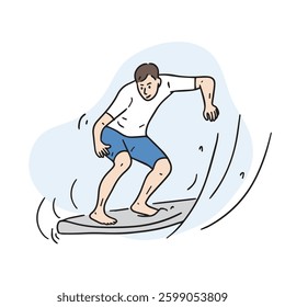 A young surfboarder on the beach. A surfer who enjoys surfing.
Hand drawn vector elements.