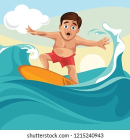 young surfer boy on ocean with fear
