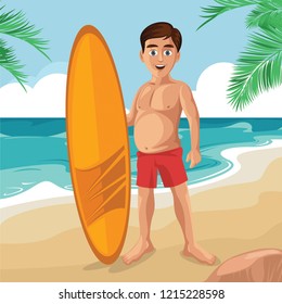young surfer boy with surf board on beach
