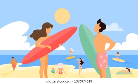 Young surfer couple standing with board on the summer beach. Vacation on the ocean. Man and woman have fun. Vector illustration in cartoon style