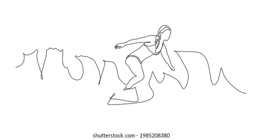 Young Surfer Girl Ride On Perfect Ocean Wave - Continuous One Line Drawing