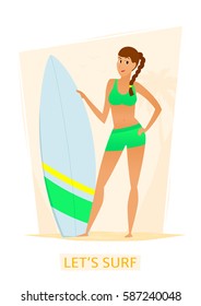 Young surfer girl with surf board on the beach. Concept of summer vacation on the sea. Vector illustration of cartoon woman in swimwear.
