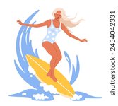 A young surfer girl in a swimsuit rides a surfboard, catching an ocean wave. Vector graphic illustration in a flat style, isolated on a white background