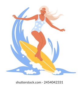 A young surfer girl in a swimsuit rides a surfboard, catching an ocean wave. Vector graphic illustration in a flat style, isolated on a white background