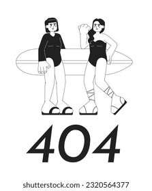 Young surfer girls with surfboard on beach black white error 404 flash message. Monochrome empty state ui design. Page not found popup cartoon image. Vector flat outline illustration concept