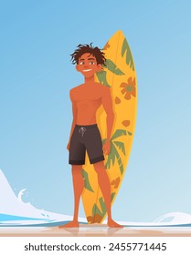 Young surfer guy standing on a sandy beach. Yellow surfboard with floral patterns behind. Waves and blue sky in the background. Summer holidays. Flat cartoon vector illustration