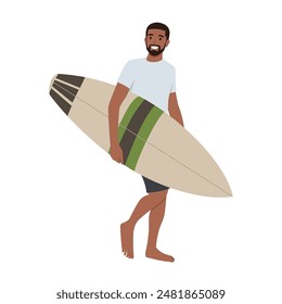 Young surfer and his surfboard ready to surf while walking. Flat vector illustration isolated on white background