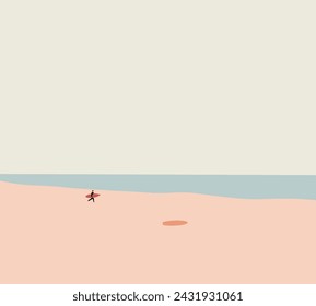 Young surfer holding a surfboard on the beach. Outdoor Sport Tropical Ocean Concept. Summer Holiday Vacation.
