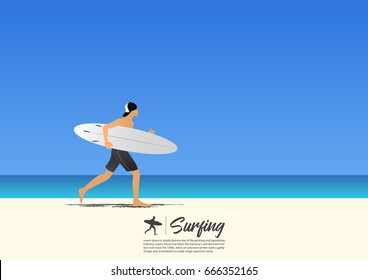 Young surfer man carrying surfboard and running on white sand beach while on summer vacation. Blue gradient sky background  with copy space for your text.  Vector Illustration.