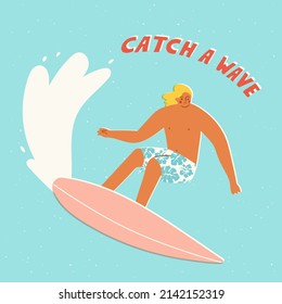 Young surfer on a surfboard riding a wave. Vector illustration of active summer vacation concept in trendy retro style.