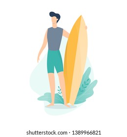 Young surfer standing with board on the summer beach. Vacation on the ocean. Man have fun. Isolated vector illustration in cartoon style