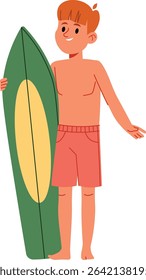 A young surfer stands with a surfboard in hand, drawn in a flat style. The character wears shorts and smiles confidently. Cartoon vector illustration.