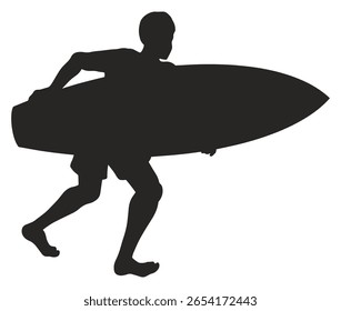 Um jovem surfista caminha pela praia, segurando uma prancha de surfe. Ele parece animado e focado em alcançar as ondas sob o céu claro. A atmosfera é vibrante e energética.