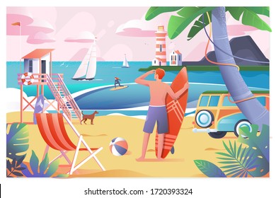 Young surfer waiting the waves on beach with sun light in background.Flat vector illustration