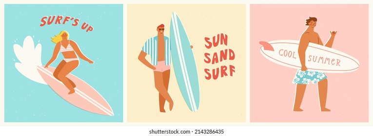 Young surfers holding surfboards and riding waves. Vector illustration of people enjoying surfing lifestyle. Banner or card design in trendy retro style.