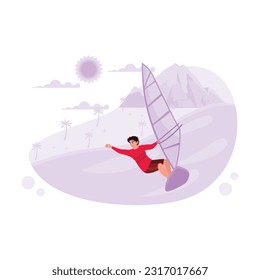 Young surfers surf professionally and conquer the waves in the ocean. Trend Modern vector flat illustration.