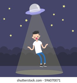 Young surprised bearded man abducted by the UFO spaceship / flat editable vector illustration, clip art