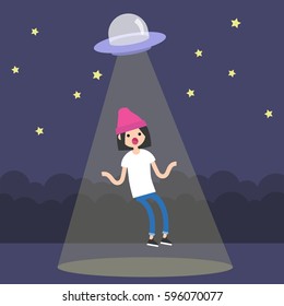 Young surprised brunette girl abducted by the UFO spaceship / flat editable vector illustration, clip art