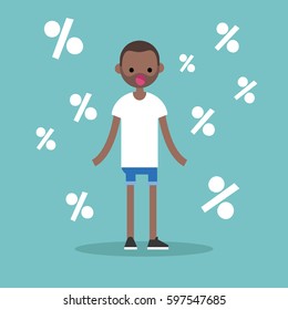 Young surprised character surrounded by percentage signs. Financial concept / flat editable vector illustration, clip art