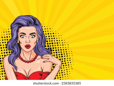 Young surprised girl in pop art style. On a yellow background. Pop art vector comic style