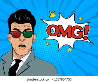 Young surprised man in 3D glasses. Speech bubble OMG! Vector illustration in pop art style.