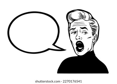 Young surprised pop art man with open mouth screaming announcement. Vector background in comic retro pop art style. Party invitation.