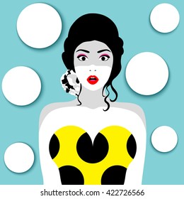 Young surprised retro woman, vogue style. On the background white circles with copy space for product or text. For web page, cover, banner, store display, merchandising, invitation card, etc. Vector