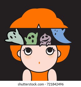 The Young Surprised Scared Girl Looking Up To The Ghosts Monsters In Her Cortex Head With Concept Theme Of Horror And Halloween Card Character illustration