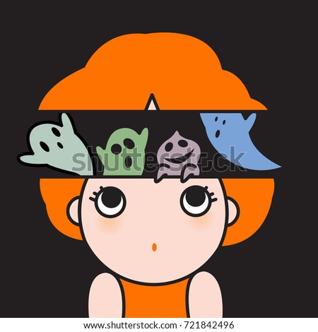 The Young Surprised Scared Girl Looking Up To The Ghosts Monsters In Her Cortex Head With Concept Theme Of Horror And Halloween Card Character illustration