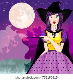 Young surprised witch with hat and magic wand on background of the full moon and the starry night sky. Happy Halloween Party! Advertising poster. Speech bubble. Pin-up girl.