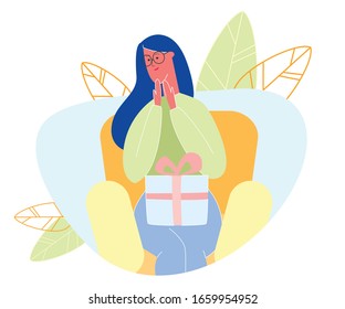 Young Surprised Woman Sitting on Armchair Holding Big Wrapped Gift Box on Knees, Present on Birthday Cartoon Flat Vector Illustration