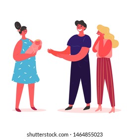The young surrogate mother smiling and gives the baby to his happy parents. Happy young couple who will soon become parents met a surrogate mother with sleeping baby. Vector illustration, flat.
