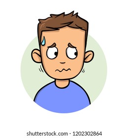 Young sweating man looking sideways. Flat design icon. Colorful flat vector illustration. Isolated on white background.