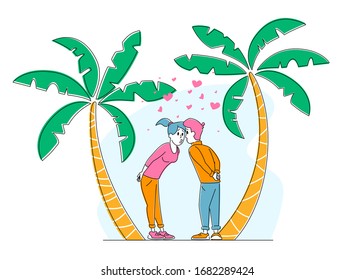 Young Sweet Couple Kissing on Tropical Nature Background with Palm Trees and Hearts around. Pair in Love, Man and Woman Valentines Day on Exotic Resort. Romantic Relation. Linear Vector Illustration