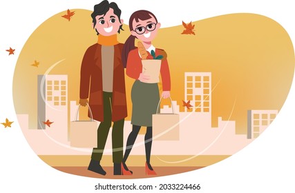 Young sweet couple walking in the park and city scape view.