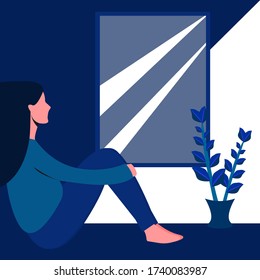 Young sweet woman looking out of the window. Relax time. Daily life routine. Alone lady sitting on floor. Vector illustration