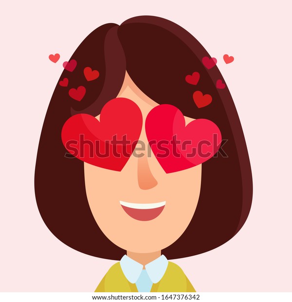 Young sweet woman in love, obsessed passion.\
Girl closed eyes with hearts symbols, love at first sight. Feeling\
of love. Vector illustration, flat design cartoon style, isolated\
on pink background.
