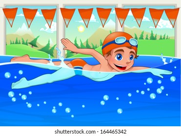 Young swimmer in the swimming pool. Funny cartoon and vector illustration.