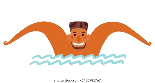 Joven nadador con barba linda ilustración de personaje de dibujos animados. Diseño plano dibujado a mano, Vector aislado. Vacaciones de verano, actividades al aire libre, actividades en la playa, fiesta en la piscina, elemento de temporada