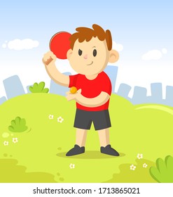 Young table tennis player with a racket character standing in the city park. Sport and fitness. Colorful cartoon flat vector illustration.