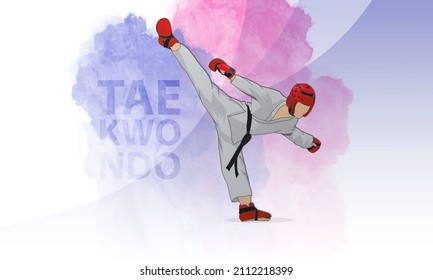 A young taekwondo master makes a kick. The athlete is wearing protective elements of clothing, helmet, gloves, protection on his feet.