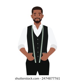 Sastre joven con una cinta métrica alrededor de su cuello. Ilustración vectorial plana aislada sobre fondo blanco