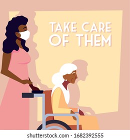 young takes care of old woman, label take care of them vector illustration design