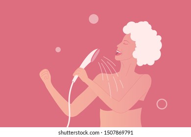 Young talent woman in bikini is singing at the shower as pop diva. Happy and positive lifestyle at home. Body care illustration. Girl with wet skin and hair in shampoo. Vector illustration