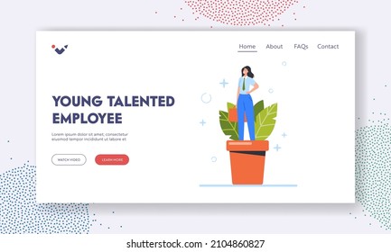 Young Talented Employee Landing Page Template. Growing Talent Concept. Female Character Business Woman Grow in Pot. Personal Development, Grow in Plant Pot, Career. Cartoon People Vector Illustration