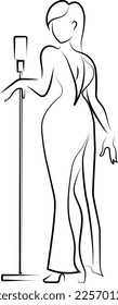A young talented singer in an elegant long black dress sings a beautiful song about great and bright love.Black outline. symbols, logo.